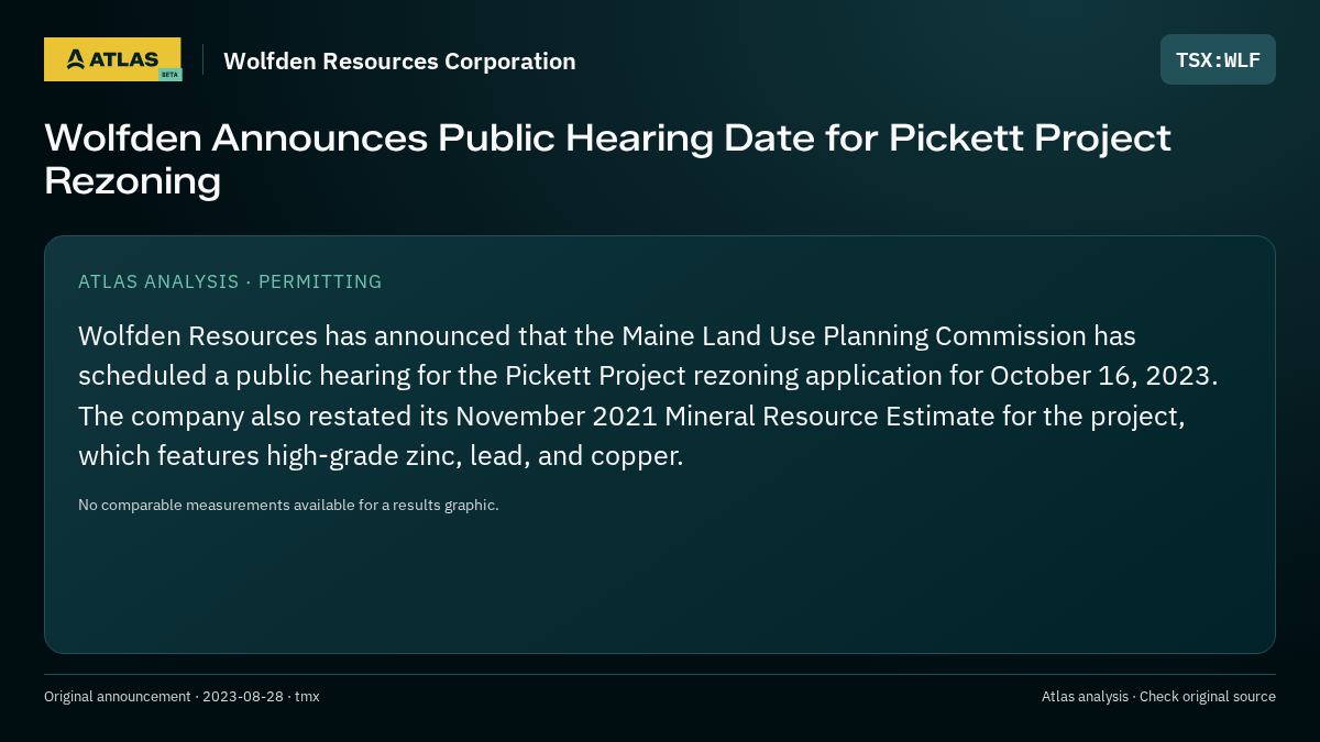 Atlas analysis — Wolfden Resources Corporation: Wolfden Announces Public Hearing Date for Pickett Project Rezoning